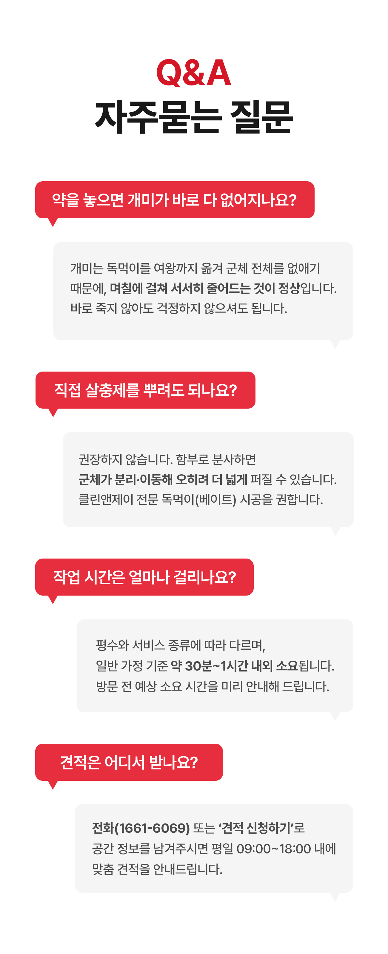 개미 방역 자주 묻는 질문 - 독먹이 후 며칠에 걸쳐 감소, 직접 살충제 분사 비권장, 일반 가정 작업 시간 약 30분~1시간, 견적 문의 1661-6069