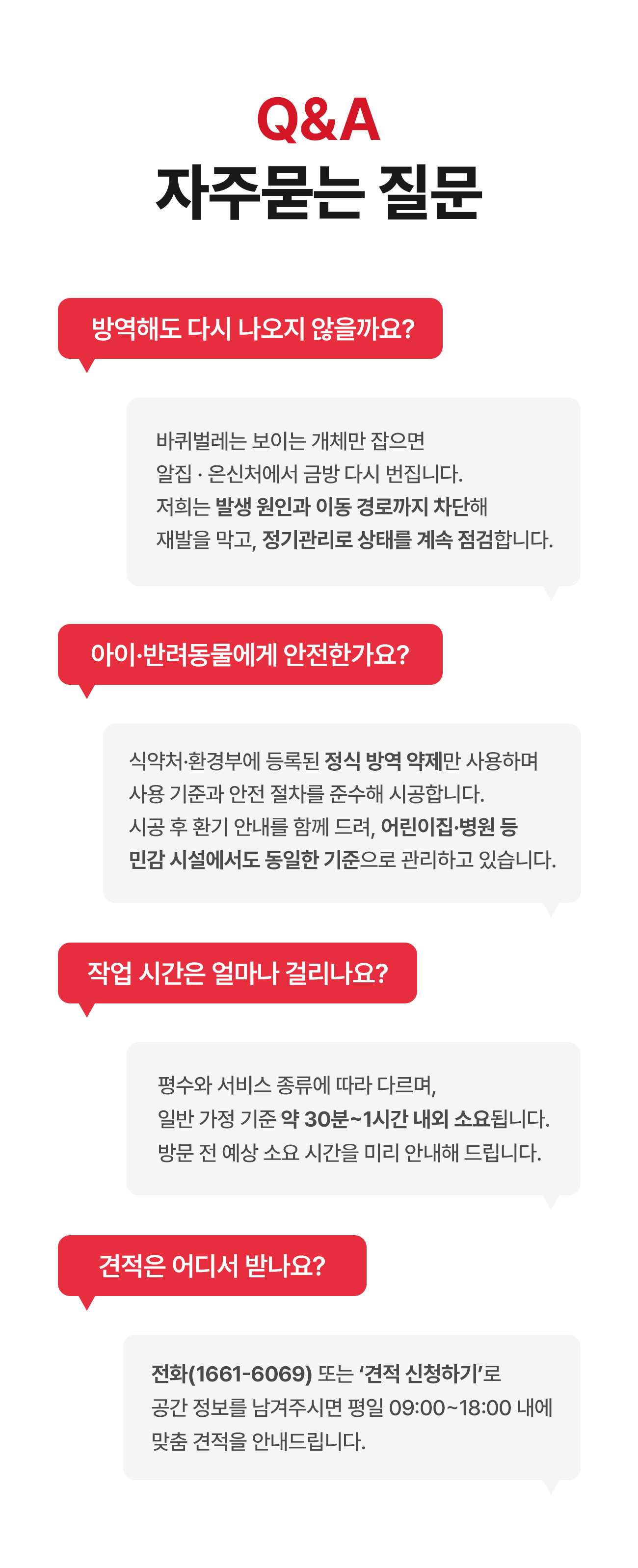 바퀴벌레 방역 자주 묻는 질문 - 재발 방지, 아이·반려동물 안전, 일반 가정 작업 시간 약 30분~1시간, 견적 문의 1661-6069