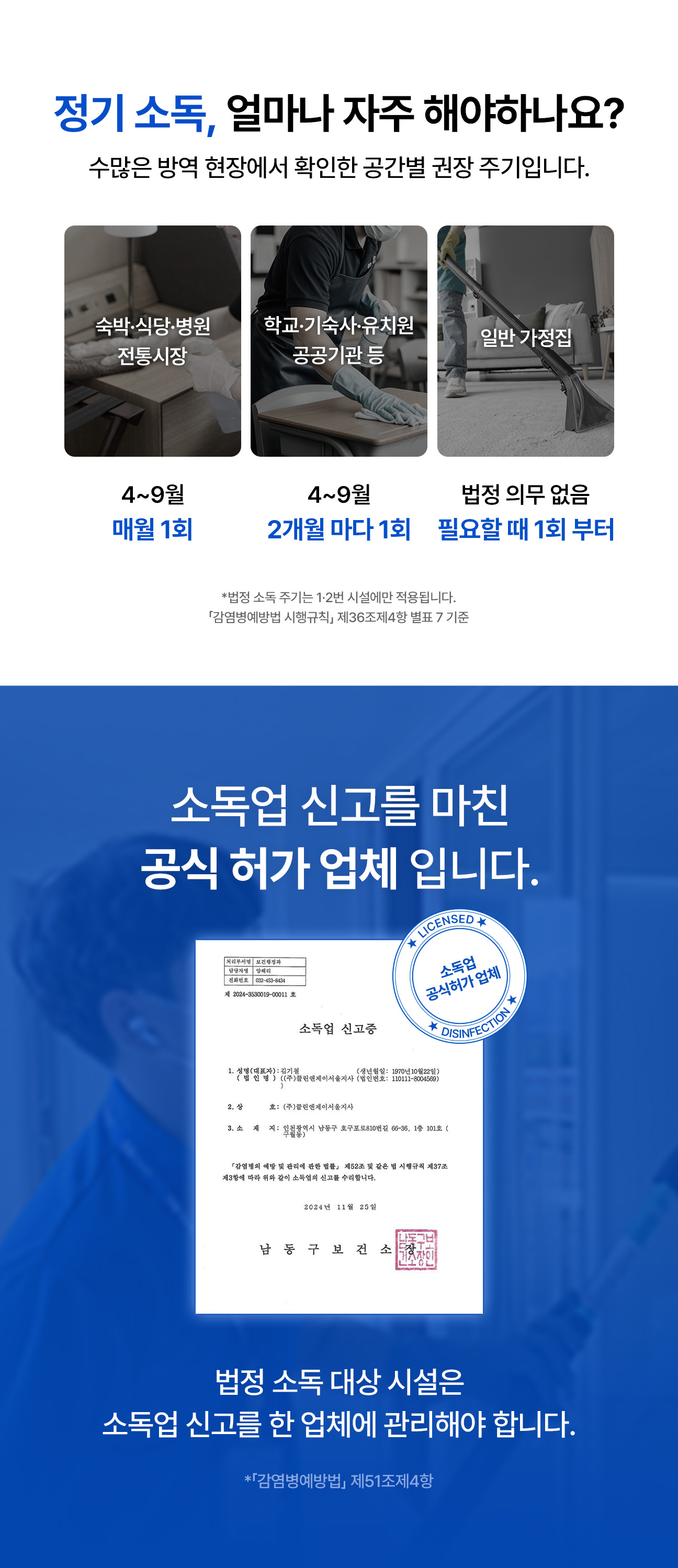 정기 소독 권장 주기 - 숙박·식당·병원·전통시장 4~9월 매월 1회, 학교·기숙사·유치원·공공기관 2개월마다 1회, 일반 가정집 필요할 때 1회부터. 소독업 신고를 마친 공식 허가 업체