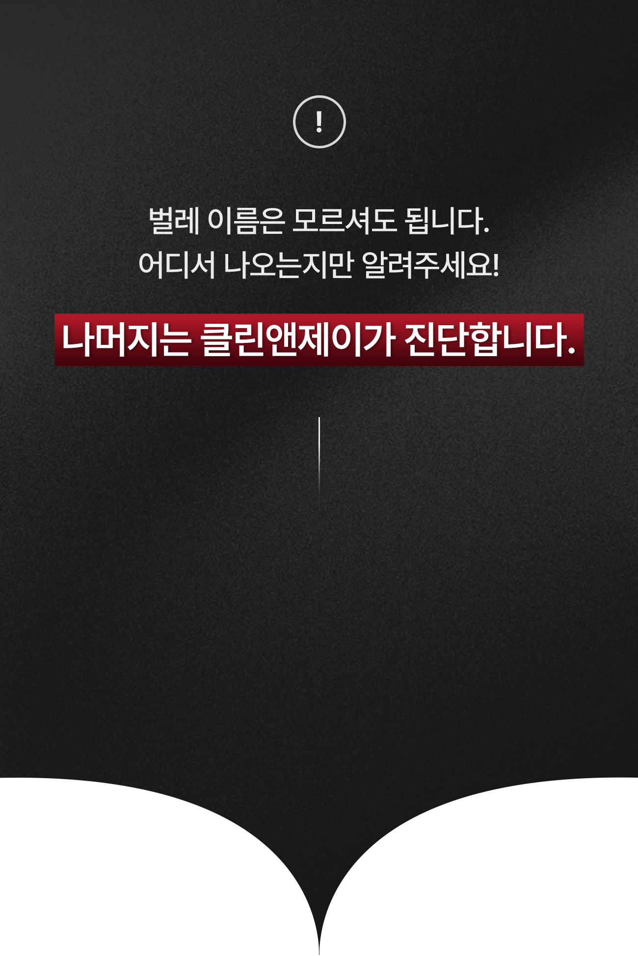 벌레 이름은 모르셔도 됩니다. 어디서 나오는지만 알려주세요, 나머지는 클린앤제이가 진단합니다. 벌레는 눈에 보인 곳이 아니라 생기는 곳이 따로 있습니다