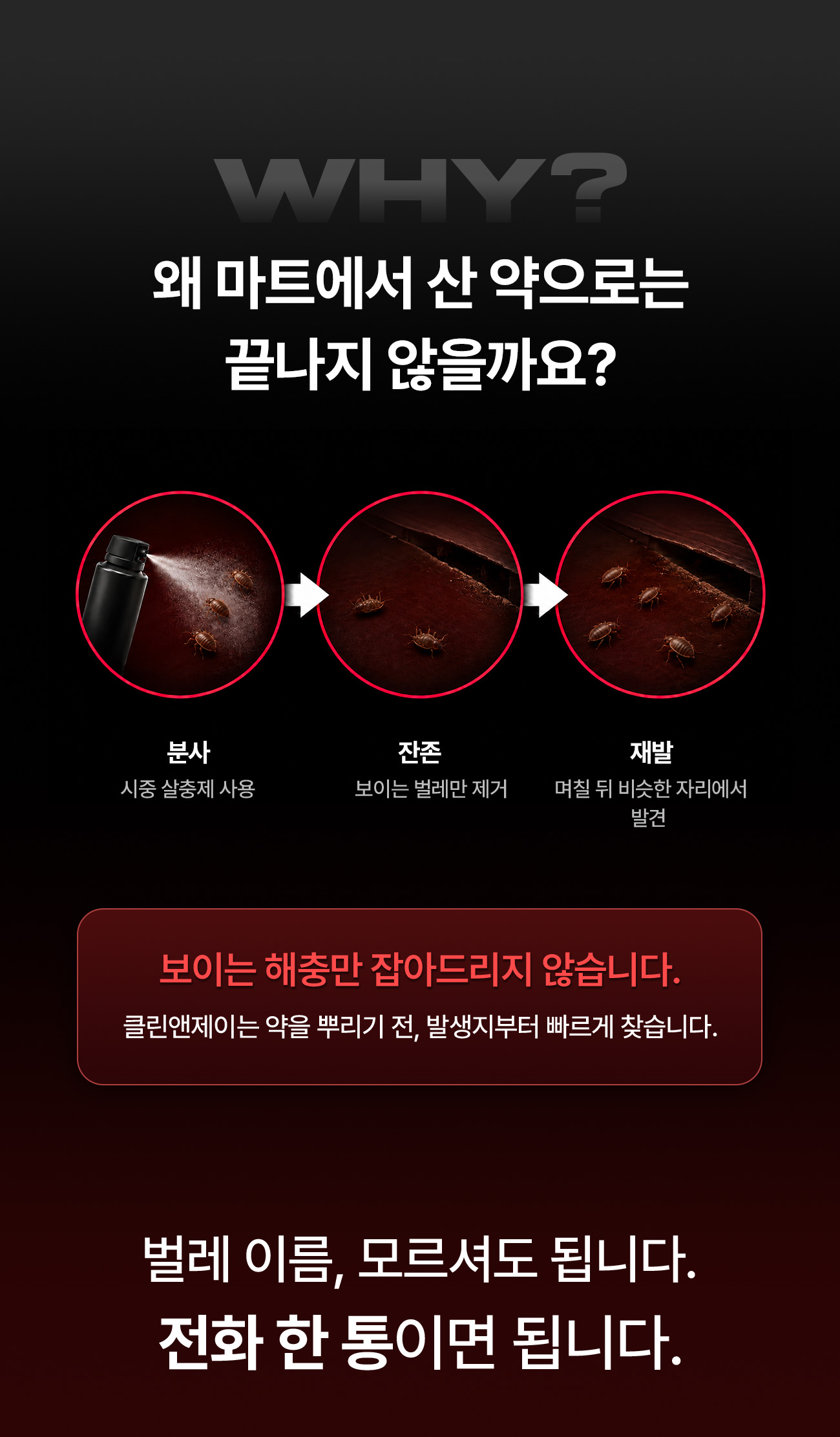 마트에서 산 약으로 끝나지 않는 이유 - 분사, 잔존, 재발. 보이는 해충만 잡지 않고 약을 뿌리기 전 발생지부터 찾습니다. 벌레 이름 몰라도 전화 한 통이면 됩니다